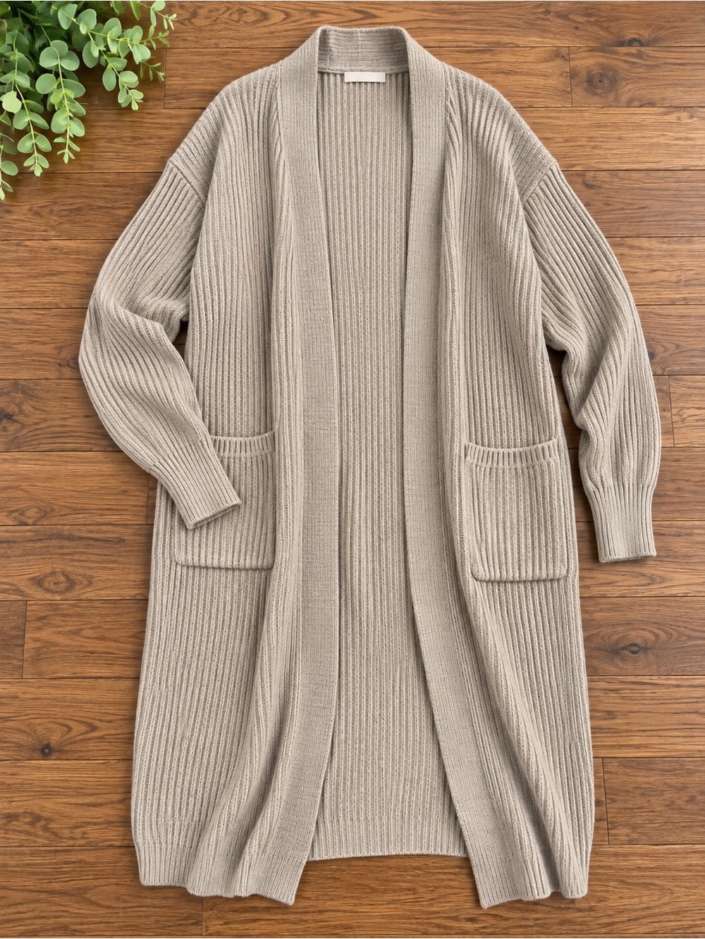 Amazon Ribbed Open-Front Long Cardigan — Tan